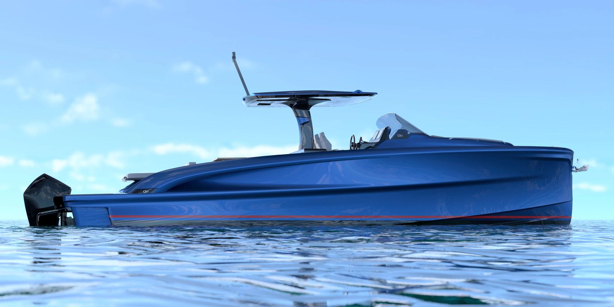 Bateau bleu neuf amarré en Corse chez un concessionnaire de bateaux