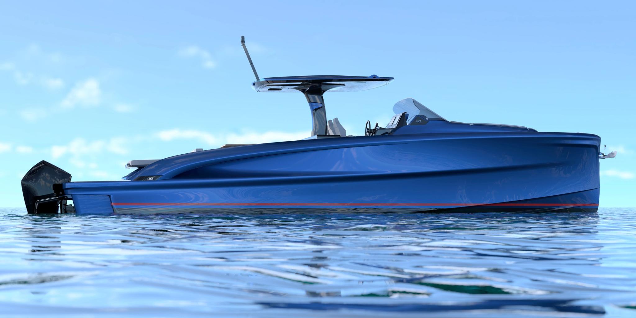 Bateau bleu neuf amarré en Corse chez un concessionnaire de bateaux de luxe