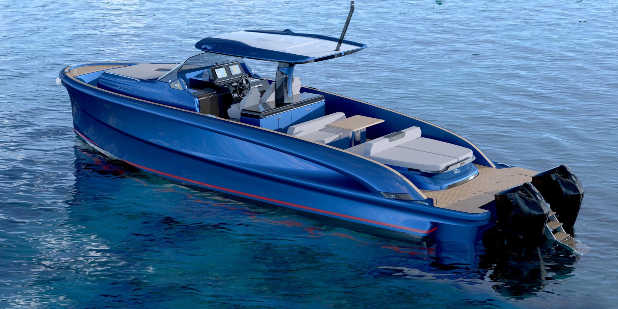 Bateau bleu neuf du concessionnaire de bateaux en Corse amarré en eau turquoise