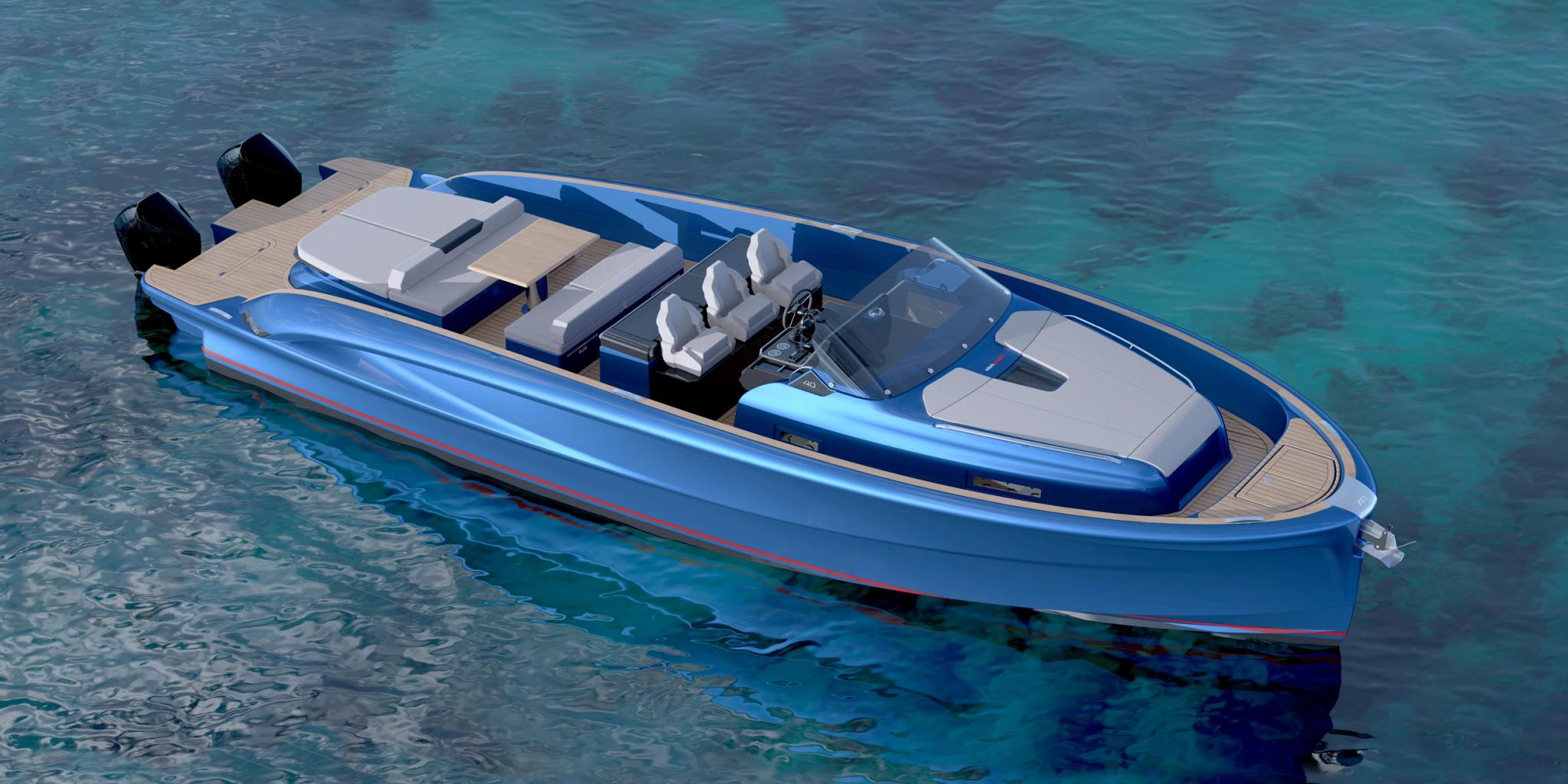 Bateau de luxe bleu neuf présenté par concessionnaire de bateaux en Corse