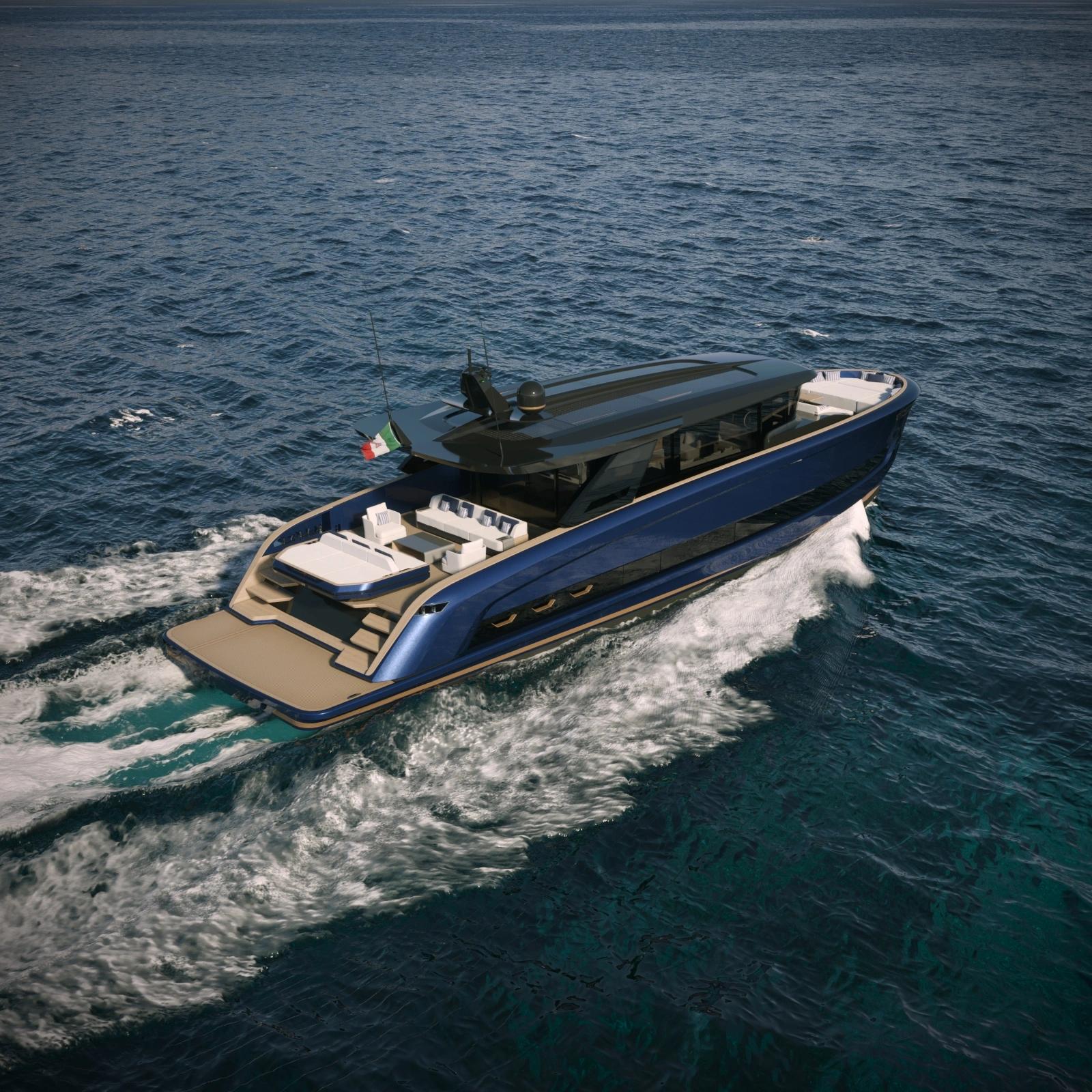 Luxueux yacht bleu et blanc amarré près de la plage, concessionnaire de bateaux neufs en Corse
