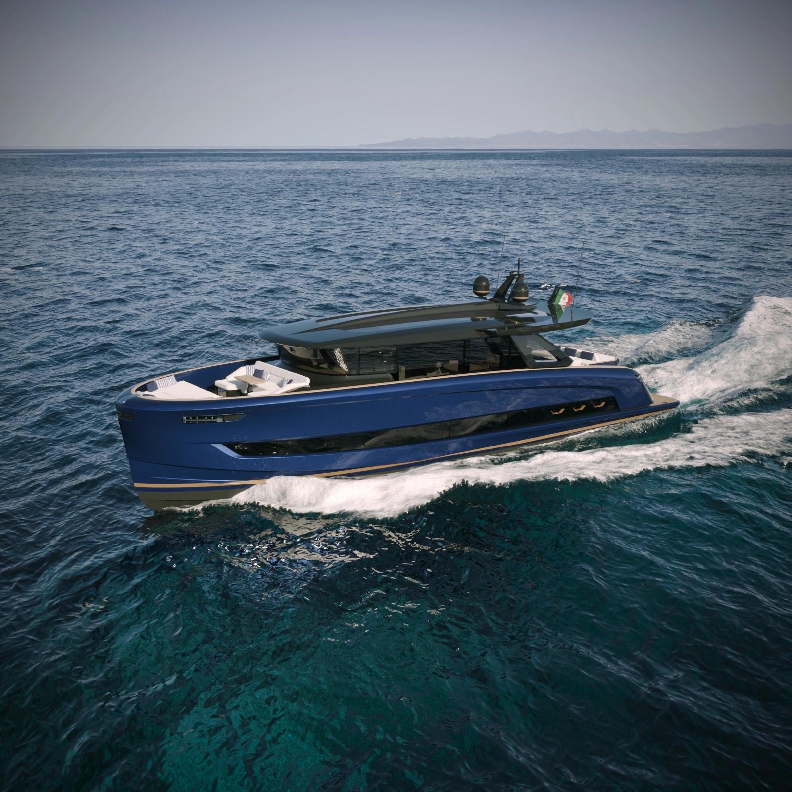 Concessionnaire de bateaux neufs en Corse, ce yacht bleu navigue en Méditerranée