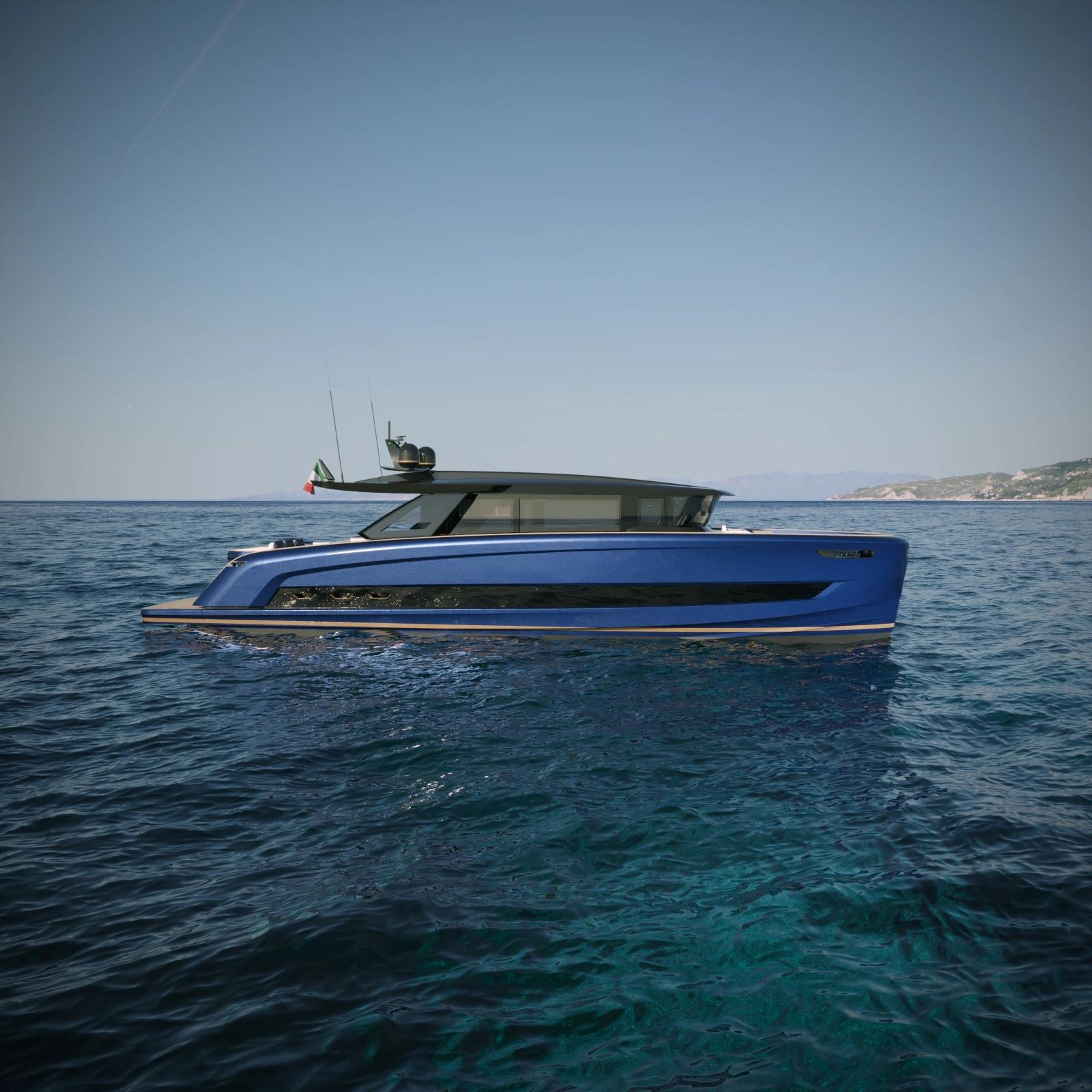 Bateau bleu de luxe ancré en Corse, concessionnaire de bateaux neufs en Méditerranée