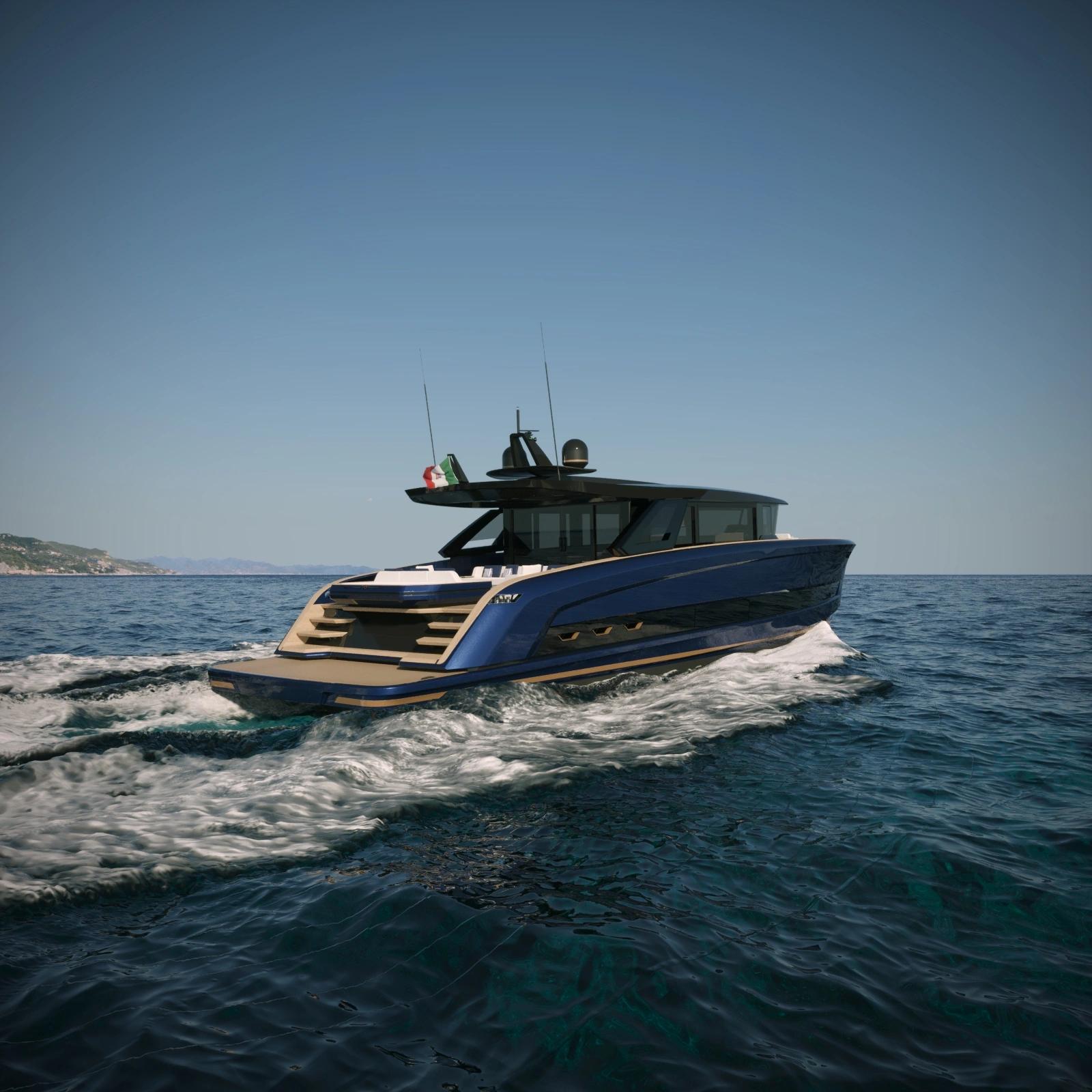 Concessionnaire de bateaux neufs en Corse avec yacht bleu amarré sur la plage
