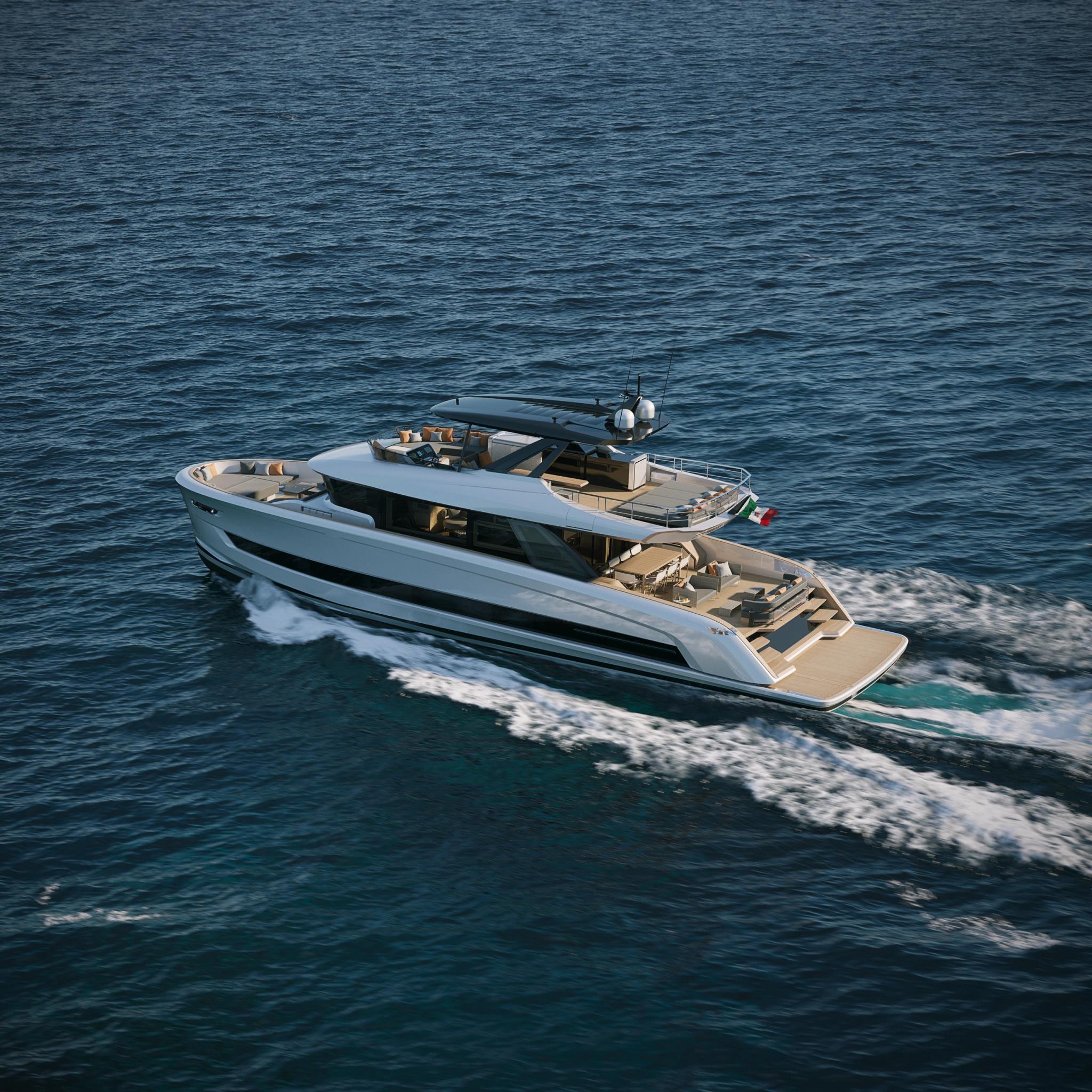 Concessionnaire de bateaux neufs en Corse, yacht blanc moderne face aux vagues