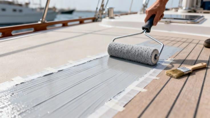 Peinture d'un pont de bateau au magasin nautisme avec rouleau gris