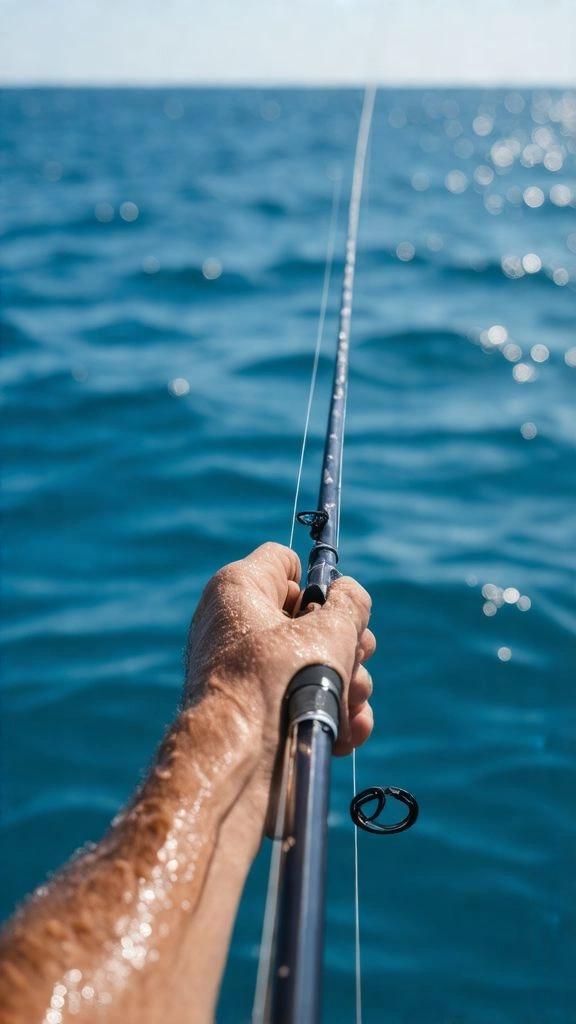 Main tenant une canne à pêche en mer avec magasin nautisme équipement