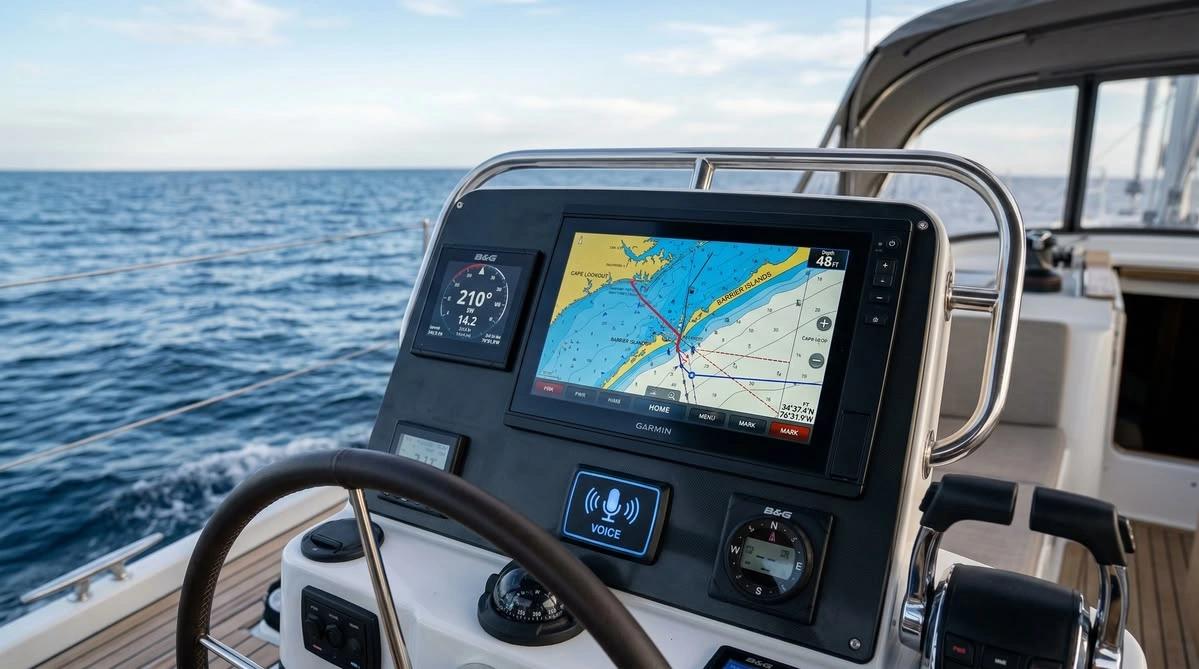 Console de navigation GPS d'un bateau avec écran Garmin affichant une carte marine