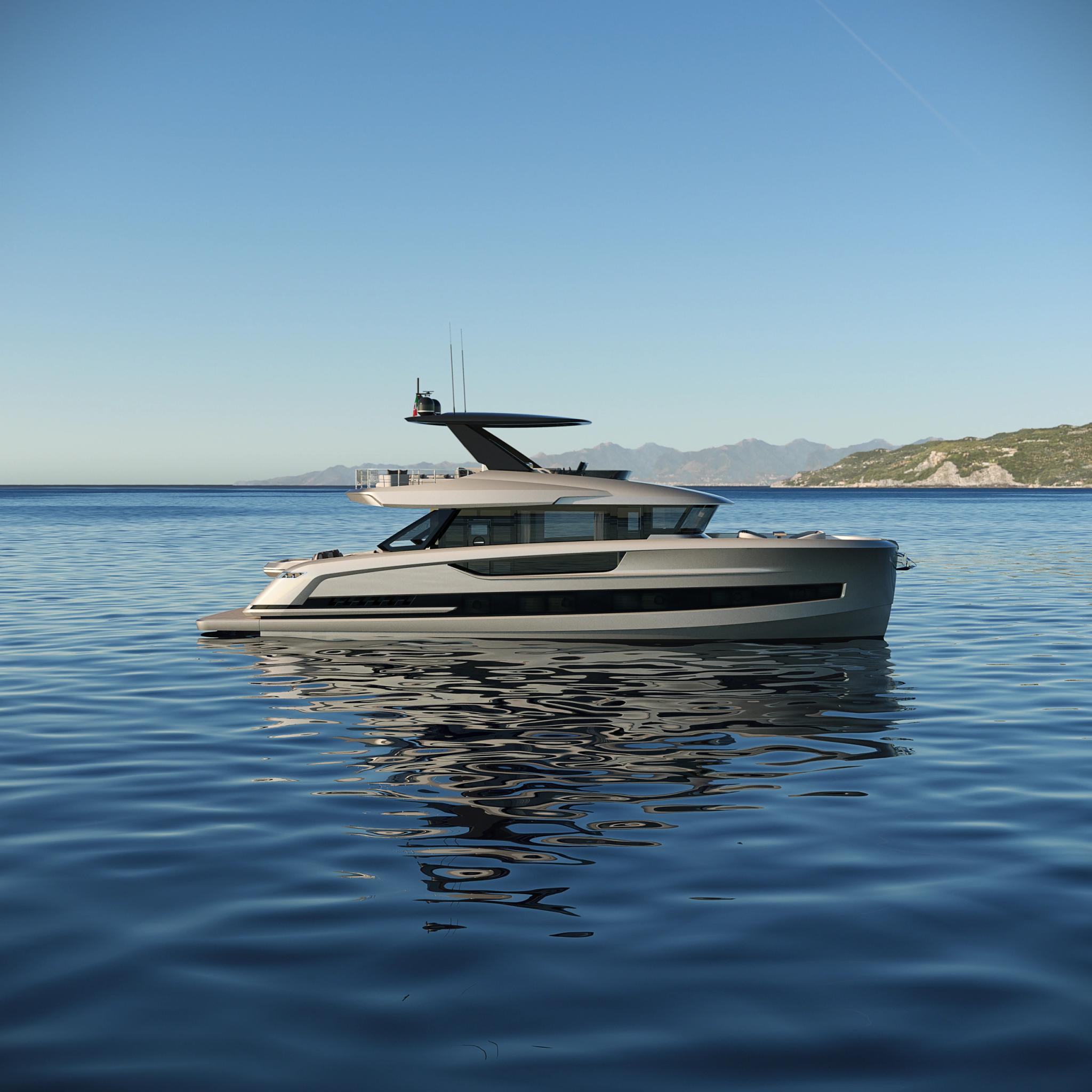 Luxueux yacht blanc et noir ancré en Corse, concessionnaire bateaux neufs méditerranéen