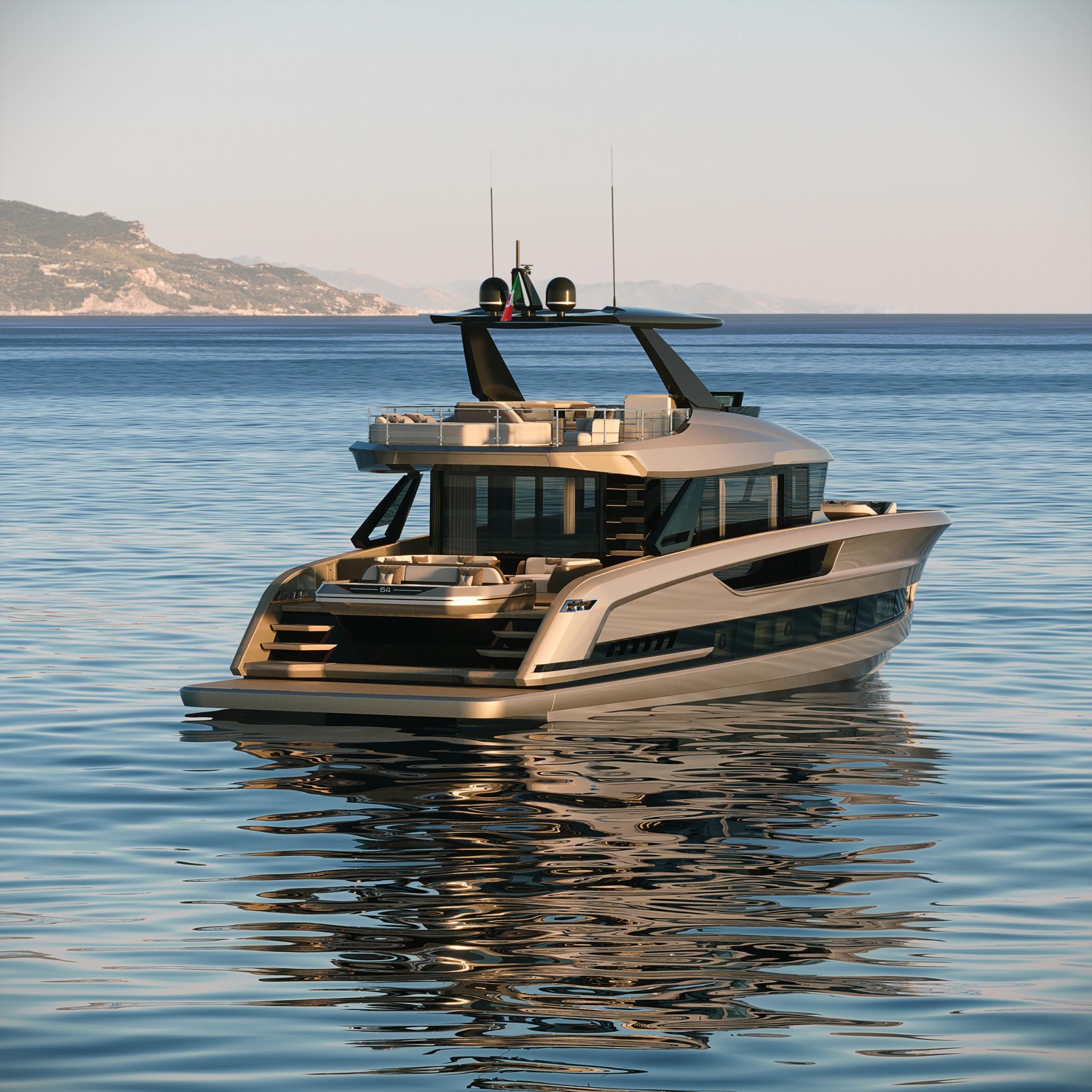 Luxe yacht moderne ancré en Corse, concessionnaire bateaux neufs méditerranée