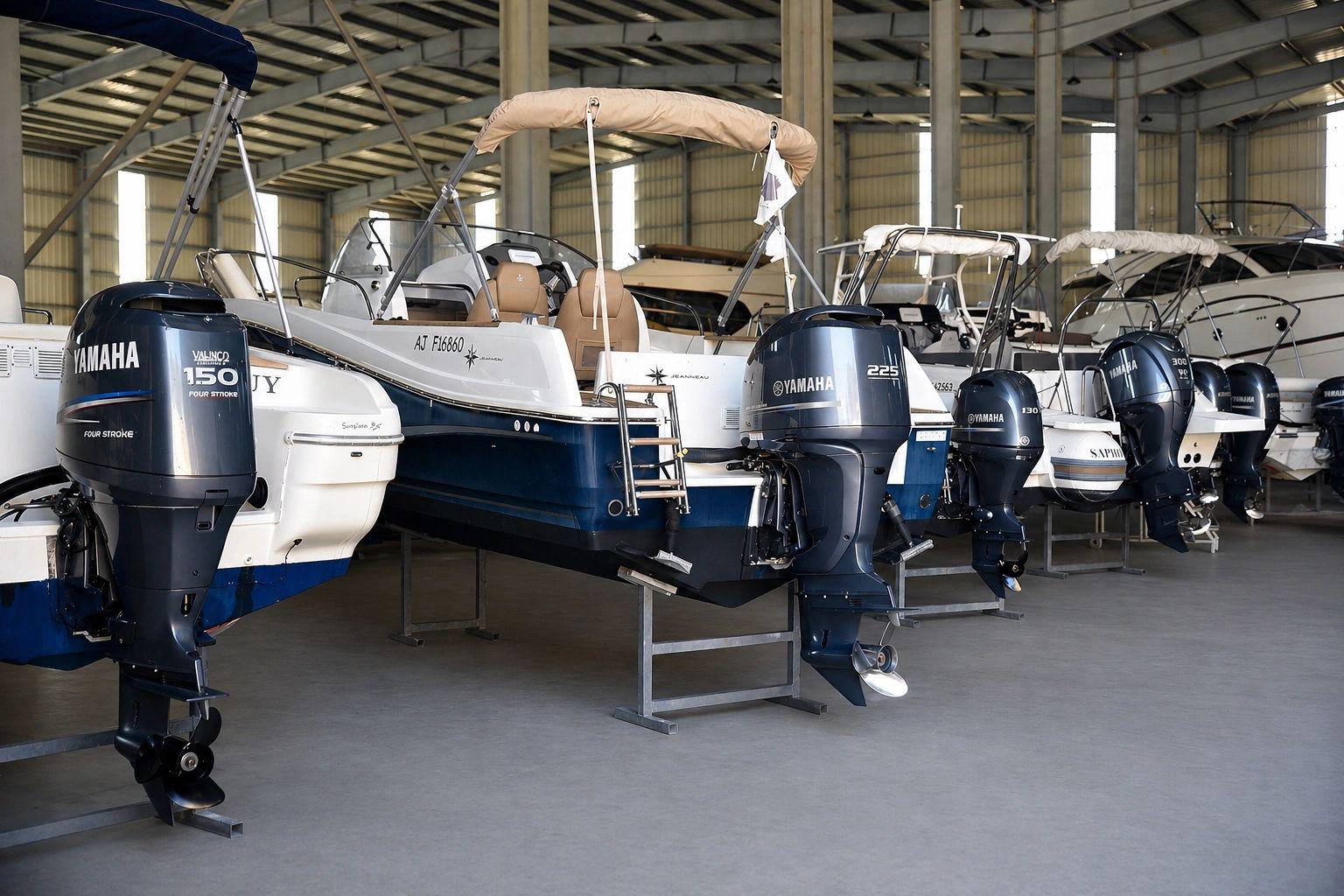 Stationnement de bateaux de plaisance avec moteurs Yamaha dans un hangar couvert