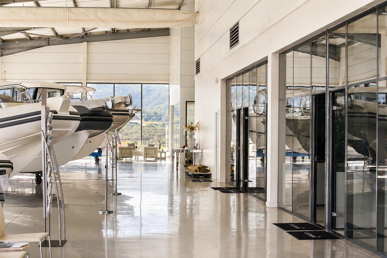 Showroom moderne avec bateau de luxe exposé et grandes baies vitrées donnant sur montagne