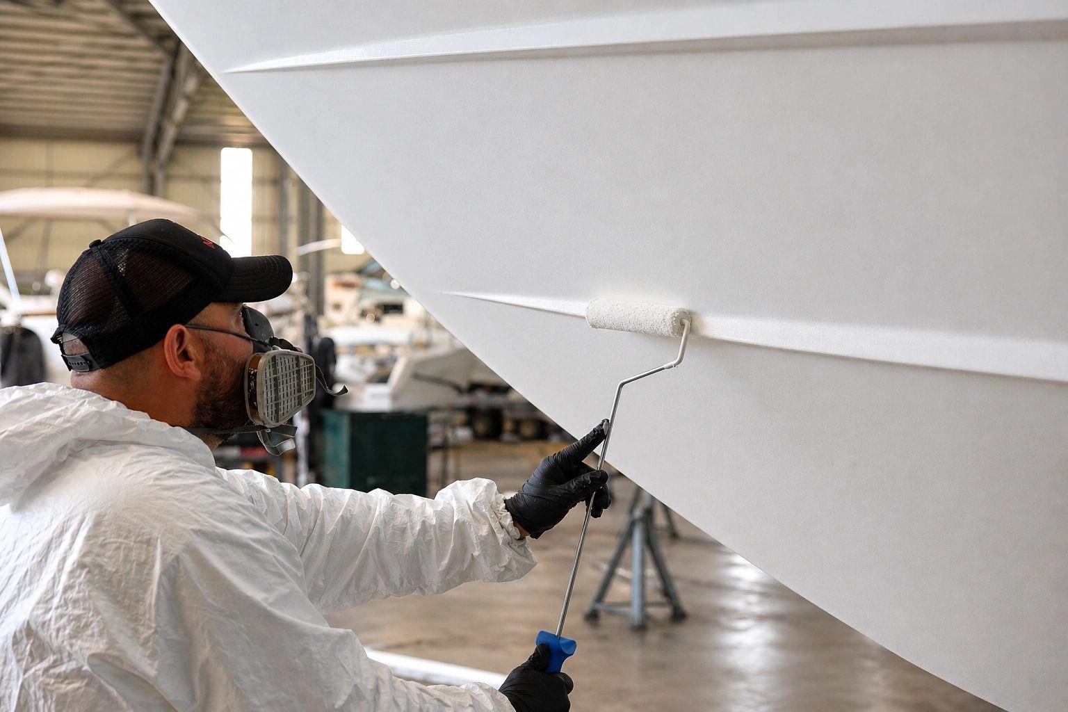 Ouvrier appliquant de la peinture blanche sur coque bateau en chantier naval
