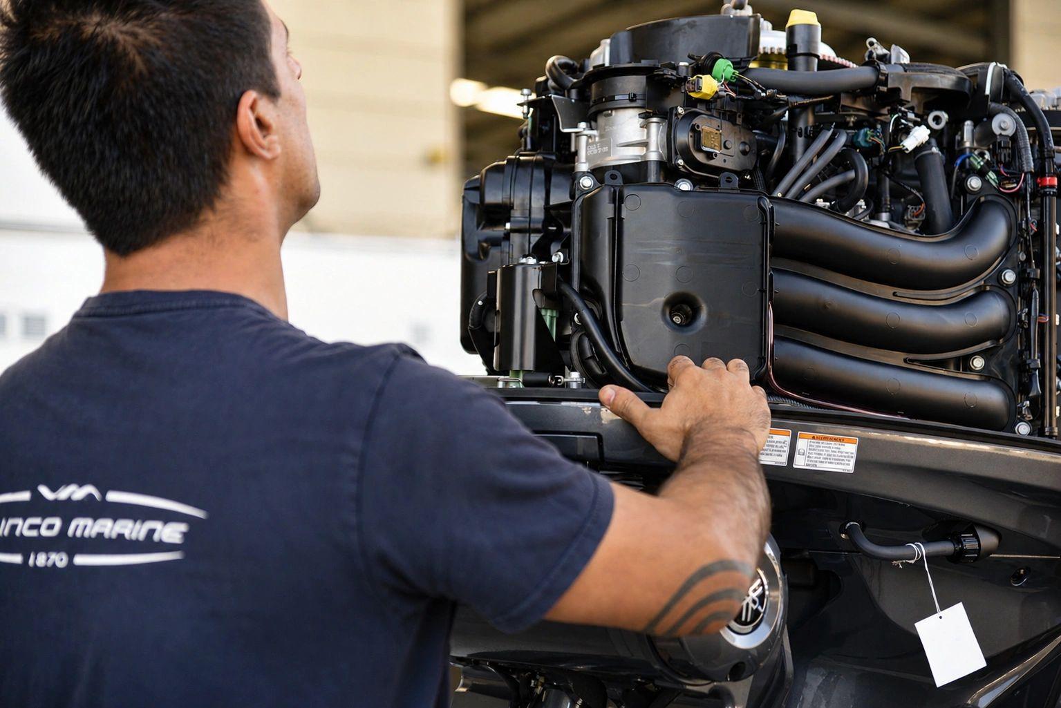 Technicien en chantier naval inspectant un moteur marin Yamaha lors de l'assemblage