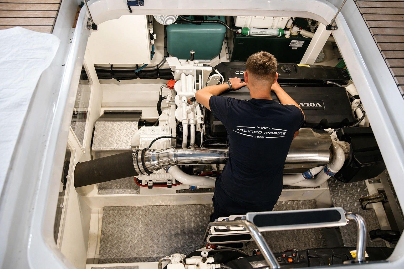 Technicien travaillant sur le moteur et pièce détachée d'un bateau